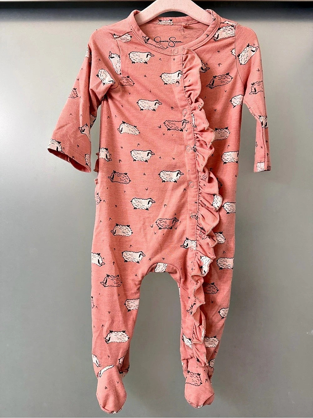 Jessica Simpson Pink Sheep Print Footed Onesie Size 3/6M